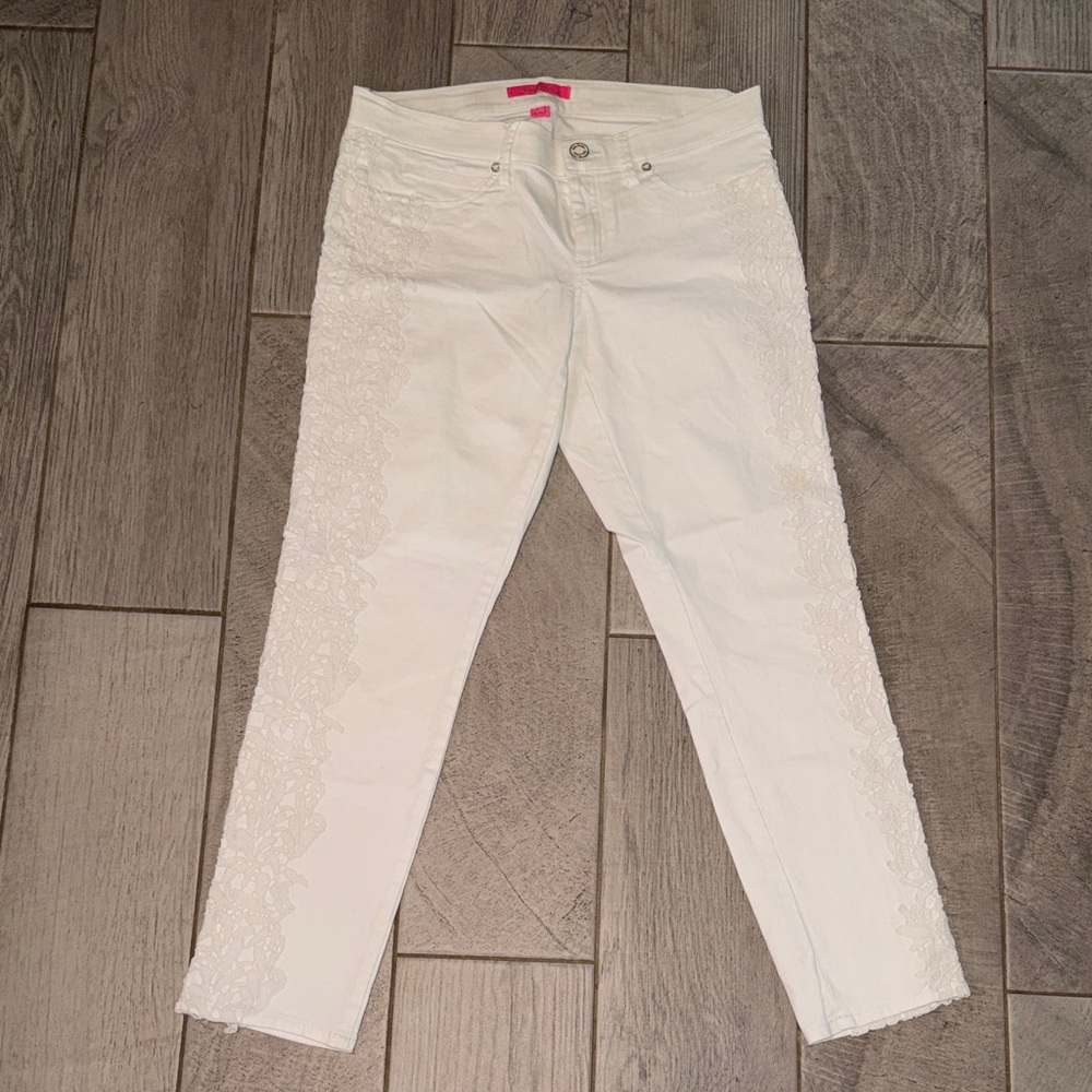 Lilly Pulitzer South Ocean Skinny Crop Jeans White Soutache Lace Size 8